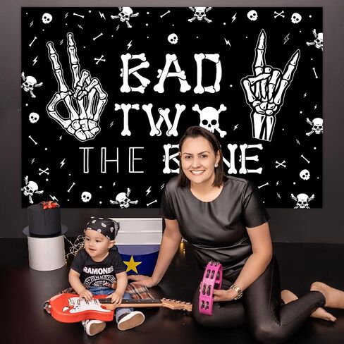 Bad Two The Bone Backdrop Banner, Skeleton Theme 2nd Birthday Decorations for Boys Girls Music Rock and Roll Birthday Party Photography Background in Saudi Arabia