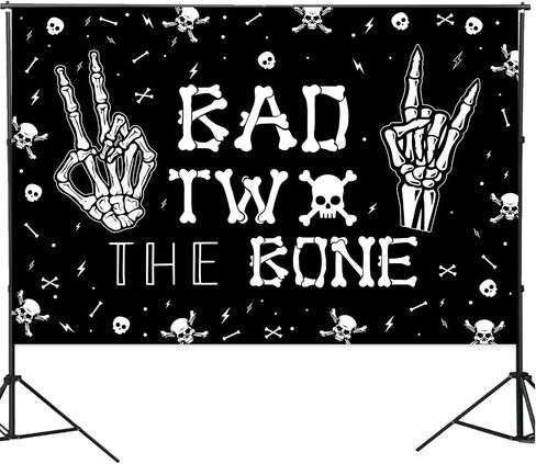 Bad Two The Bone Backdrop Banner, Skeleton Theme 2nd Birthday Decorations for Boys Girls Music Rock and Roll Birthday Party Photography Background in Saudi Arabia