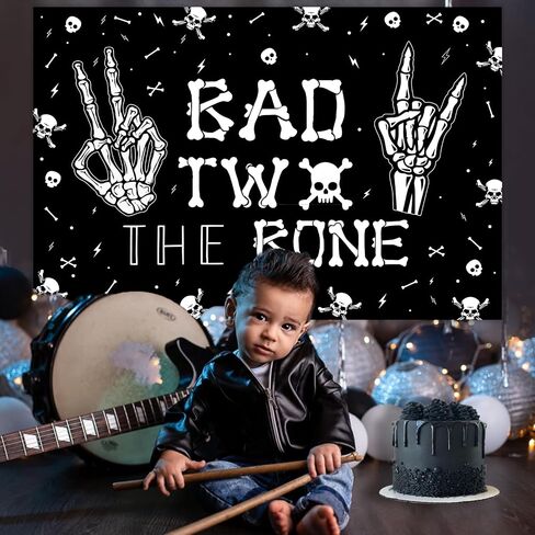 Bad Two The Bone Backdrop Banner, Skeleton Theme 2nd Birthday Decorations for Boys Girls Music Rock and Roll Birthday Party Photography Background in Saudi Arabia