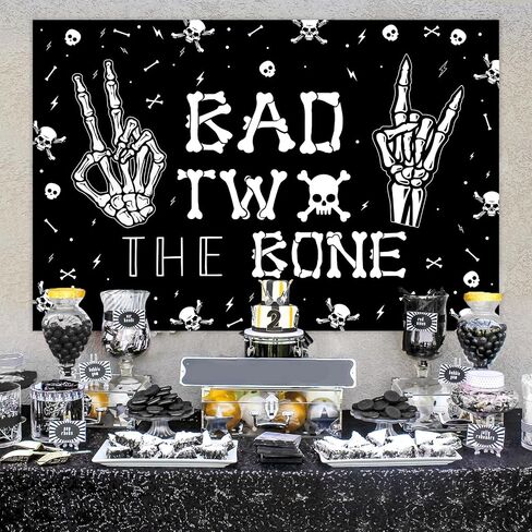 Bad Two The Bone Backdrop Banner, Skeleton Theme 2nd Birthday Decorations for Boys Girls Music Rock and Roll Birthday Party Photography Background in Saudi Arabia