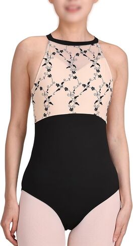Women's Ballet Halter Leotard Embroidered Mesh Open Back in Kuwait