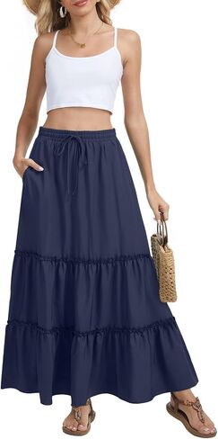 Womens Flowy Maxi Skirt Summer Boho Elastic High Waisted Casual Ruffle Tiered Long Skirts with Pockets in Saudi Arabia