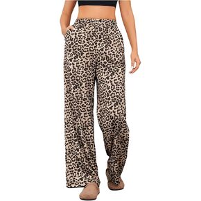 OYOANGLE Women's Leopard Print Elastic High Waist Long Pants Wide Leg Loose Trousers with Pockets in Kuwait