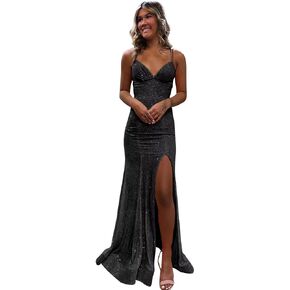 Spaghetti Strap Sequin Prom Dress 2025 Long V Neck Mermaid Glitter Formal Dresses Evening Gowns with Slit in Saudi Arabia