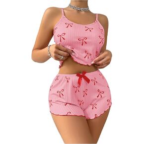 Verdusa Women's 2 Piece Pajama Sets Bow Knot Printed Crop Cami Top and Shorts in Kuwait