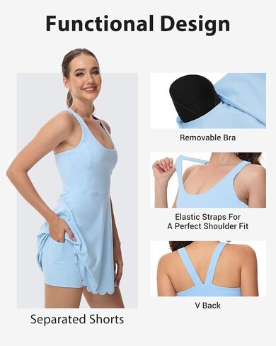 Tanou Womens Tennis Dress with Separated Shorts & Bra U Neck Golf Sleeveless Athletic Workout Scalloped Dress with 2 Pockets Rose Pink X-Large in Kuwait