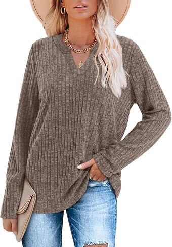 SAMPEEL Womens Tops Long Sleeve V Neck Pullover Fall Sweater Loose Fit Tunic Shirts Fashion Outfits 2025 in Saudi Arabia
