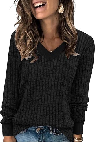 Sampeel Women's V Neck Color Block قمصان طويلة الأكمام - قمم السقوط غير الرسمية ، والسترات الصوفية الخفيفة الأزياء ، 2025 in Saudi Arabia
