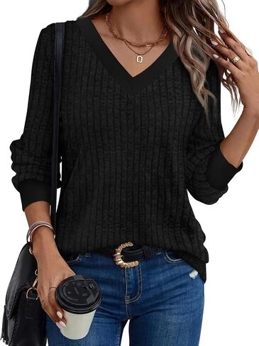 Sampeel Women's V Neck Color Block قمصان طويلة الأكمام - قمم السقوط غير الرسمية ، والسترات الصوفية الخفيفة الأزياء ، 2025 in Saudi Arabia