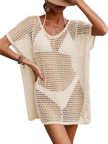 Womens Oversized Crochet Beach Dresses Summer 2025 Scoop Neck Cap Sleeve Bathing Suit Cover Up Mini Dress in Saudi Arabia