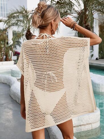 Womens Oversized Crochet Beach Dresses Summer 2025 Scoop Neck Cap Sleeve Bathing Suit Cover Up Mini Dress in Saudi Arabia