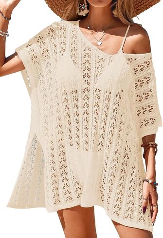 Womens Oversized Crochet Beach Dresses Summer 2025 Scoop Neck Cap Sleeve Bathing Suit Cover Up Mini Dress in Saudi Arabia
