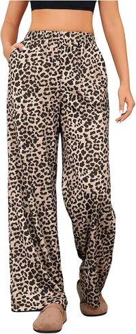 OYOANGLE Women's Leopard Print Elastic High Waist Long Pants Wide Leg Loose Trousers with Pockets in Kuwait