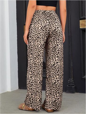 OYOANGLE Women's Leopard Print Elastic High Waist Long Pants Wide Leg Loose Trousers with Pockets in Kuwait