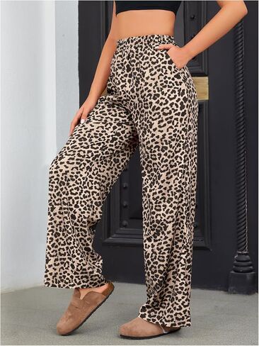 OYOANGLE Women's Leopard Print Elastic High Waist Long Pants Wide Leg Loose Trousers with Pockets in Kuwait