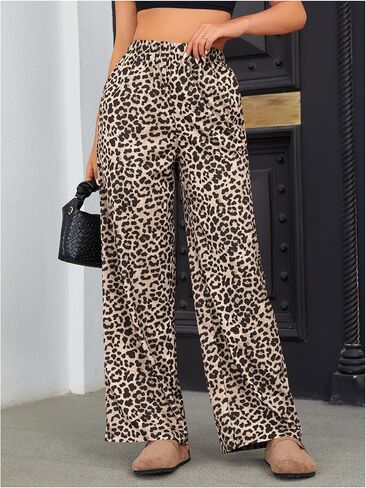 OYOANGLE Women's Leopard Print Elastic High Waist Long Pants Wide Leg Loose Trousers with Pockets in Kuwait