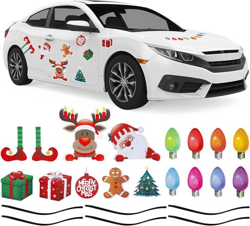 Whaline 30Pcs Christmas Reflective Car Magnets Set Colorful Bulb Light with Lines 8 Design Cartoon Santa Reindeer Gingerbread Refrigerator Garage Magnet Decal Decoration, 1.9x3.94 inches, 7.87 inches in Saudi Arabia
