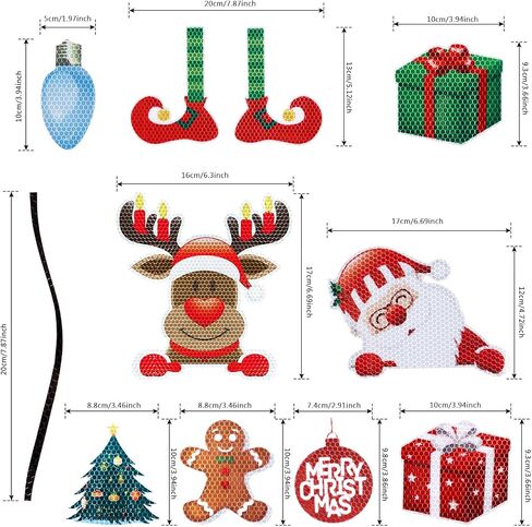 Whaline 30Pcs Christmas Reflective Car Magnets Set Colorful Bulb Light with Lines 8 Design Cartoon Santa Reindeer Gingerbread Refrigerator Garage Magnet Decal Decoration, 1.9x3.94 inches, 7.87 inches in Saudi Arabia