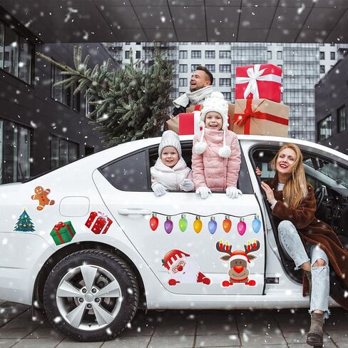 Whaline 30Pcs Christmas Reflective Car Magnets Set Colorful Bulb Light with Lines 8 Design Cartoon Santa Reindeer Gingerbread Refrigerator Garage Magnet Decal Decoration, 1.9x3.94 inches, 7.87 inches in Saudi Arabia
