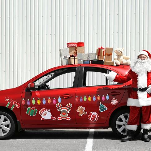 Whaline 30Pcs Christmas Reflective Car Magnets Set Colorful Bulb Light with Lines 8 Design Cartoon Santa Reindeer Gingerbread Refrigerator Garage Magnet Decal Decoration, 1.9x3.94 inches, 7.87 inches in Saudi Arabia