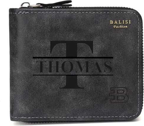 Personalized Leather Wallet for Men,Custom Engraved Name and Initial, Durable Zipper, Large Capacity, RFID Blocking Boys Wallet l Gifts for Dad, Son, Boyfriend (black) in Saudi Arabia