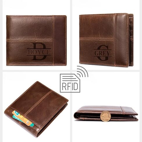 Personalized Leather Wallet for Men,Custom Engraved Name and Initial, Durable Zipper, Large Capacity, RFID Blocking Boys Wallet l Gifts for Dad, Son, Boyfriend (black) in Saudi Arabia