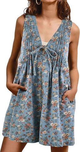 loveimgs Women Sleeveless Floral Print Denim Romper Shorts Ruffle Jean Overall Dress Front Tie Flowy Jumpsuit Summer 2025 in Saudi Arabia