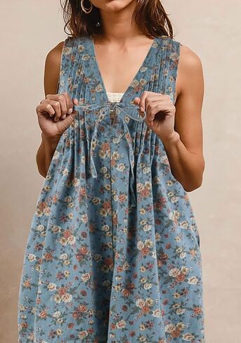 loveimgs Women Sleeveless Floral Print Denim Romper Shorts Ruffle Jean Overall Dress Front Tie Flowy Jumpsuit Summer 2025 in Saudi Arabia