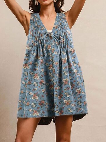 loveimgs Women Sleeveless Floral Print Denim Romper Shorts Ruffle Jean Overall Dress Front Tie Flowy Jumpsuit Summer 2025 in Saudi Arabia