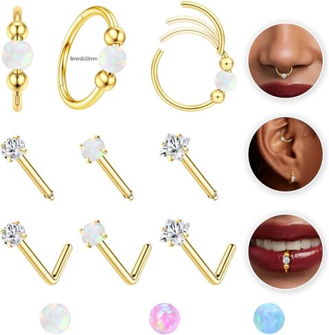 Jstyle Opal Nose Rings Set for Women Men Hypoallergenic 316L Stainless Steel Nose Studs 20G Opal CZ Nose Rings Hoops 8/10MM Septum Cartilage Helix Rook 2nd/3rd Earlobe Lip Piercings in Saudi Arabia