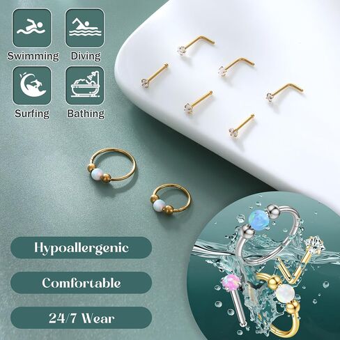 Jstyle Opal Nose Rings Set for Women Men Hypoallergenic 316L Stainless Steel Nose Studs 20G Opal CZ Nose Rings Hoops 8/10MM Septum Cartilage Helix Rook 2nd/3rd Earlobe Lip Piercings in Saudi Arabia