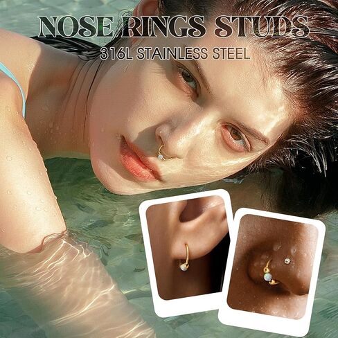 Jstyle Opal Nose Rings Set for Women Men Hypoallergenic 316L Stainless Steel Nose Studs 20G Opal CZ Nose Rings Hoops 8/10MM Septum Cartilage Helix Rook 2nd/3rd Earlobe Lip Piercings in Saudi Arabia