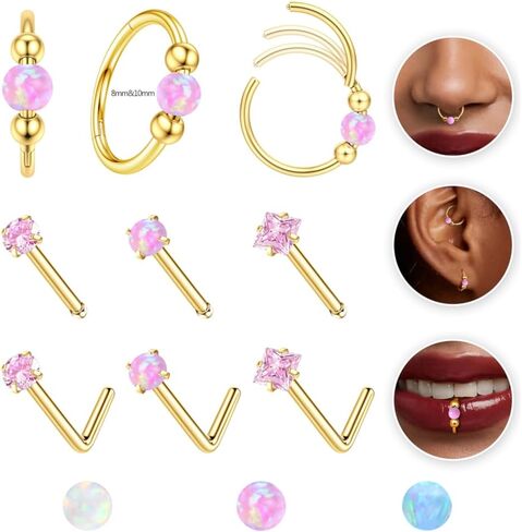 Jstyle Opal Nose Rings Set for Women Men Hypoallergenic 316L Stainless Steel Nose Studs 20G Opal CZ Nose Rings Hoops 8/10MM Septum Cartilage Helix Rook 2nd/3rd Earlobe Lip Piercings in Saudi Arabia