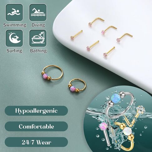Jstyle Opal Nose Rings Set for Women Men Hypoallergenic 316L Stainless Steel Nose Studs 20G Opal CZ Nose Rings Hoops 8/10MM Septum Cartilage Helix Rook 2nd/3rd Earlobe Lip Piercings in Saudi Arabia