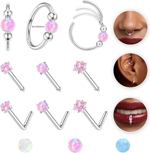 Jstyle Opal Nose Rings Set for Women Men Hypoallergenic 316L Stainless Steel Nose Studs 20G Opal CZ Nose Rings Hoops 8/10MM Septum Cartilage Helix Rook 2nd/3rd Earlobe Lip Piercings in Saudi Arabia