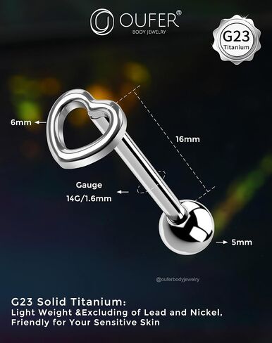 OUFER 14G حلقات لسان التيتانيوم للنساء ، مجوهرات ثقب اللسان 16 مم ، خيط داخلي ثقب مجوهرات النجوم/القلب in Saudi Arabia