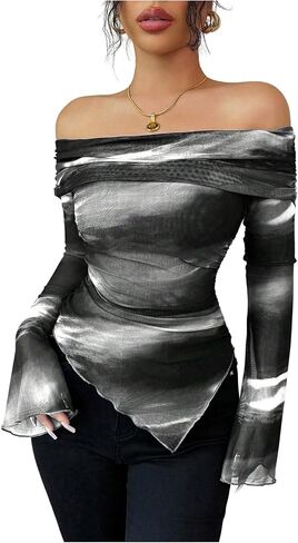 SHENHE Women's Off Shoulder Tie Dye T Shirt Ruched Long Sleeve Asymmetrical Going Out Top in Saudi Arabia