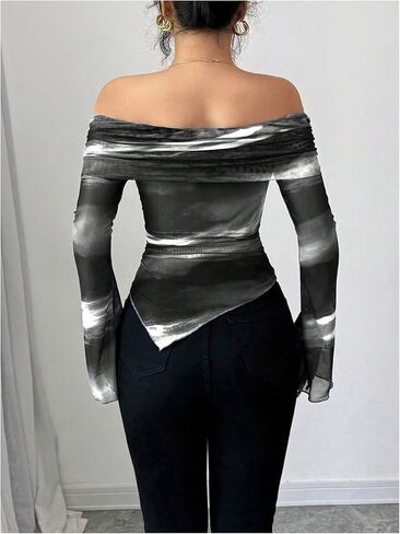 SHENHE Women's Off Shoulder Tie Dye T Shirt Ruched Long Sleeve Asymmetrical Going Out Top in Saudi Arabia