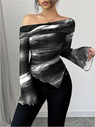 SHENHE Women's Off Shoulder Tie Dye T Shirt Ruched Long Sleeve Asymmetrical Going Out Top in Saudi Arabia