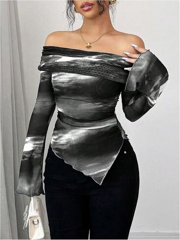 SHENHE Women's Off Shoulder Tie Dye T Shirt Ruched Long Sleeve Asymmetrical Going Out Top in Saudi Arabia