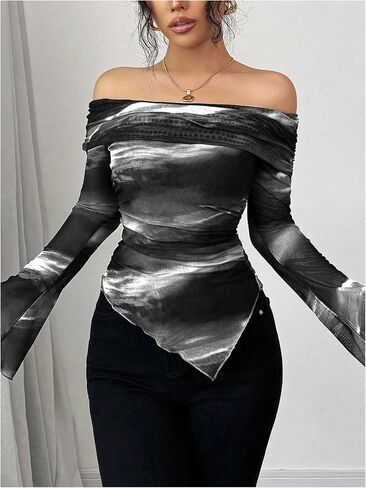 SHENHE Women's Off Shoulder Tie Dye T Shirt Ruched Long Sleeve Asymmetrical Going Out Top in Saudi Arabia