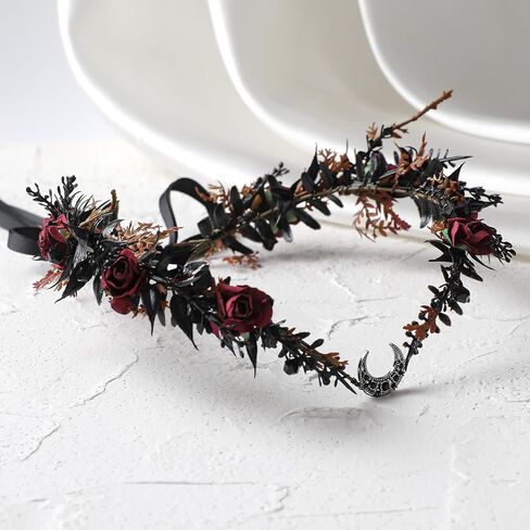 MOSTORY Gothic Black Flower Crown - Goth Floral Headpiece for Dark Fairy Accessories Women Halloween Cosplay Renaissance in Saudi Arabia