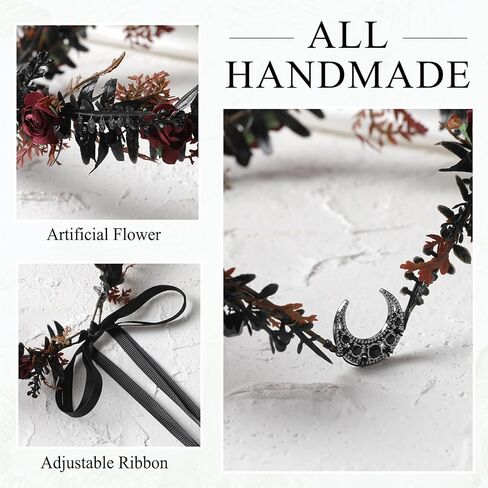 MOSTORY Gothic Black Flower Crown - Goth Floral Headpiece for Dark Fairy Accessories Women Halloween Cosplay Renaissance in Saudi Arabia