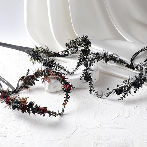 MOSTORY Gothic Black Flower Crown - Goth Floral Headpiece for Dark Fairy Accessories Women Halloween Cosplay Renaissance in Saudi Arabia