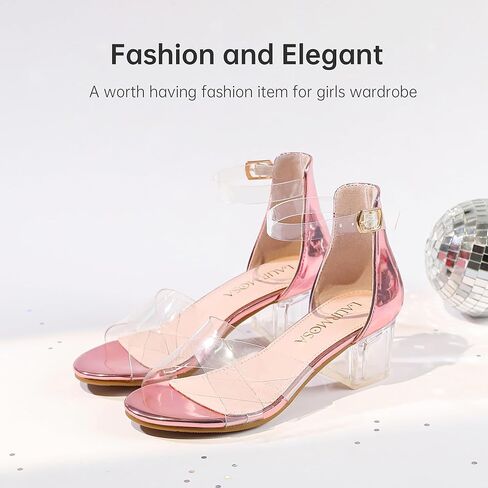 Girls Sandals Open Toe High Heels Fancy Dress Shoes Ankle Strap Chunky Block Heels Flower Girls Wedding Party Dressy Shoes for Toddler Little Big Kids in Kuwait