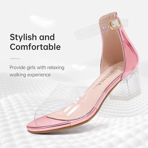 Girls Sandals Open Toe High Heels Fancy Dress Shoes Ankle Strap Chunky Block Heels Flower Girls Wedding Party Dressy Shoes for Toddler Little Big Kids in Kuwait