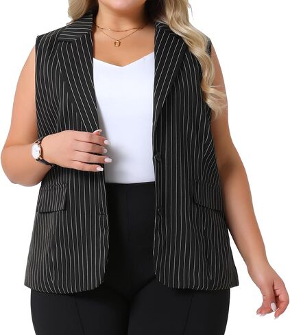 Agnes Orinda Plus Size Sleeveless Blazer Vest for Women Lapel V Neck Stripes Button Up Work Office Suit Vests in Saudi Arabia
