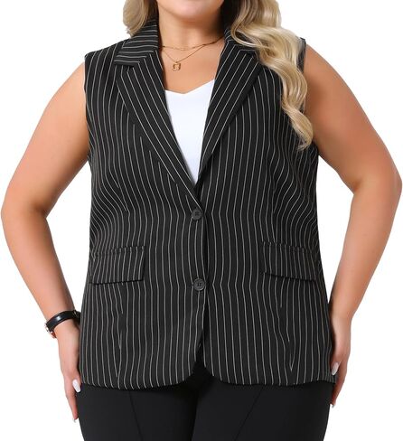Agnes Orinda Plus Size Sleeveless Blazer Vest for Women Lapel V Neck Stripes Button Up Work Office Suit Vests in Saudi Arabia