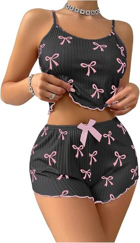 Verdusa Women's 2 Piece Pajama Sets Bow Knot Printed Crop Cami Top and Shorts in Kuwait