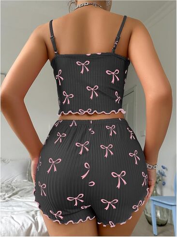 Verdusa Women's 2 Piece Pajama Sets Bow Knot Printed Crop Cami Top and Shorts in Kuwait